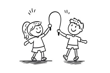 Illustration of Kids Playing with a Jump Rope, Line Art Doodle Style
