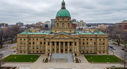 Aerial view of a large governmental building with a green dome and surrounding city