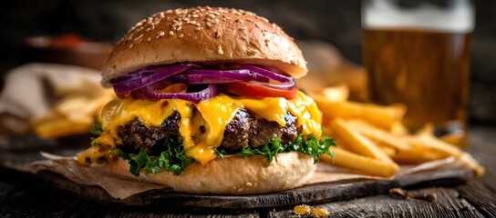 A juicy cheeseburger with melted cheddar, fresh lettuce, tomato, and red onion in a sesame bun. Crispy fries in the background create a rich, appetizing and rustic food 