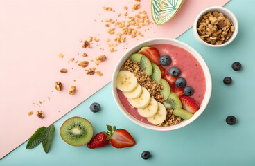 Healthy Fruit Smoothie Bowl: A vibrant smoothie bowl bursting with colorful fruits, a visual symphony of freshness and health. A celebration of a balanced meal. 