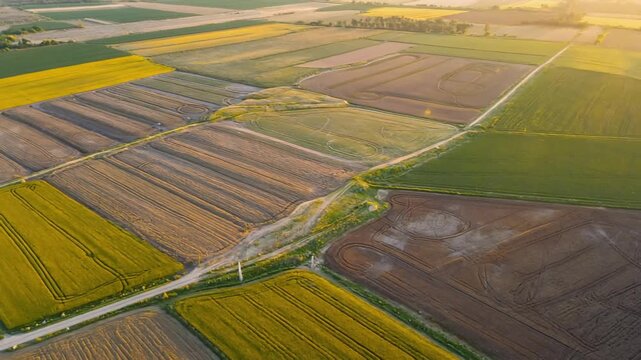 Golden hour aerial drone view over vast agricultural fields showcasing diverse crops and intersecting rural roads