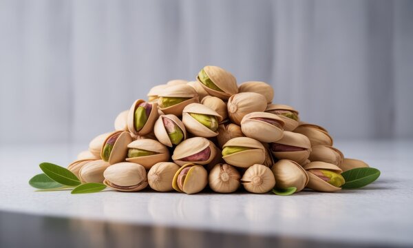 A mound of pistachios sits on a light surface. Fresh, whole pistachios, light beige and pale green, form a sizable pile