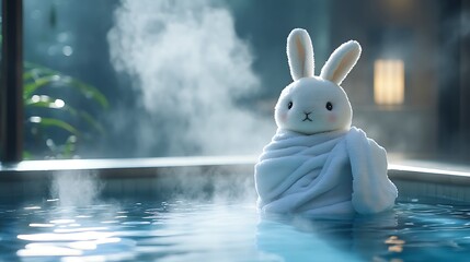 A kawaii bunny plush wrapped in a towel beside a steaming pool