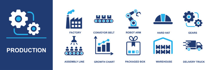 Production icon set. Containing factory, conveyor belt, robot arm, hard hat, gears, assembly line, growth chart, package box, warehouse, truck for manufacturing, logistics and more. Solid vector icons