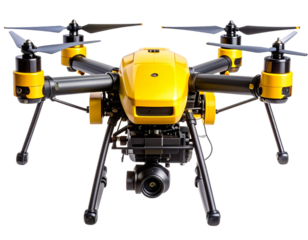 Yellow and Black Agricultural Drone Close-Up Isolated on Transparent Background.