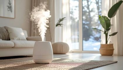 冬の日差しが差し込む寝室　加湿器がミストを放つ温かみのある室内風景