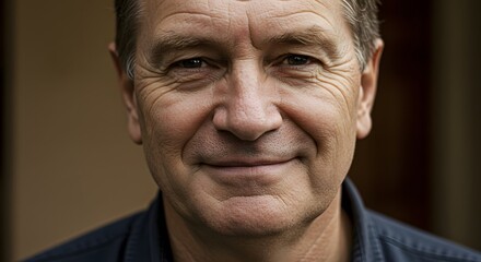 Close-up of a smiling, mature man with wrinkles, looking directly at the viewer