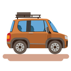 Object isolated on white background with shadow of mini car.  On rack with spare tire. Car soft orage color cartoon.