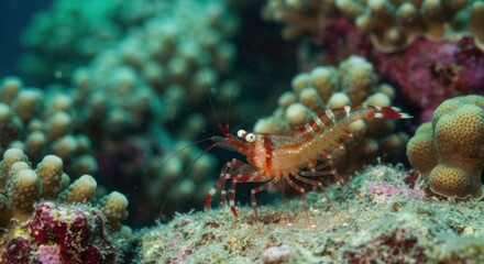 A small shrimp, reddish-tan with white stripes, sits amidst a coral reef. Coral formations, various colors, are in the background and foreground