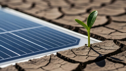 Sprout Growing Out of Cracked Earth Beside a Solar Panel