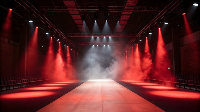 A brightly lit red runway with spotlights and fog in a large empty room