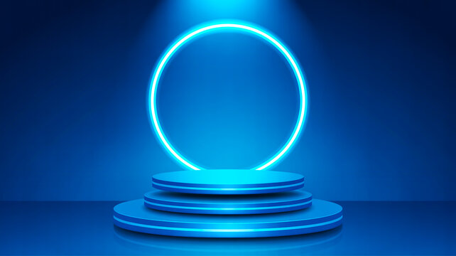 3D modern product stage with glowing cyan neon oval frame - Powered by Adobe