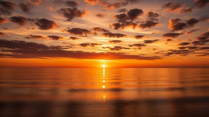 Vibrant sunset over a tranquil ocean with dramatic clouds reflecting on the water.