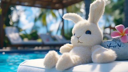 A luxurious plush bunny relaxing on a poolside cabana tropical vibes