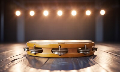 A tambourine on a wooden stage, lit by spotlights
