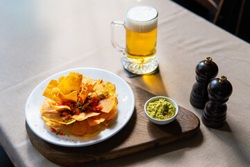 Crispy Tortilla Chips Guacamole Beer Meal