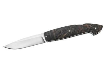 Handmade gentleman's folding knife with dark stabilized burl wood handle on a white back