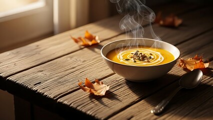 Steaming bowl of pumpkin soup on a rustic wooden table with autumn leaves around