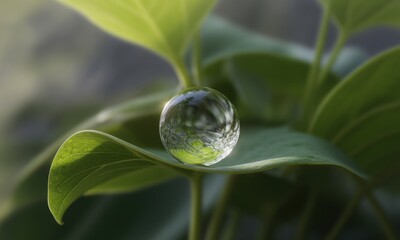 A translucent sphere rests delicately on a leaf, reflecting the surrounding greenery. Sunlight illuminates the scene, creating a soft focus effect
