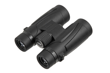 Black compact binoculars with textured grip, isolated and angled on a white back