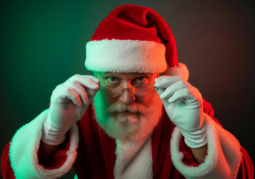 Serious Santa Claus peering over eyeglasses holding frames, checking naughty or nice list with suspicion, dramatic red and green studio lighting