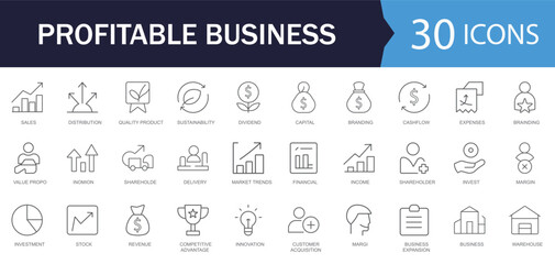 Profitable Business Line Icons Set. Features icons of asset, chart, deal, diagram, efficiency, equity, expense and Invest. Perfect for business reports, and corporate strategy.