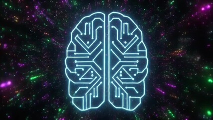 Illuminated digital brain circuit flowing through colorful data stream - Powered by Adobe