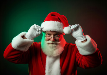 Portrait of jolly Santa Claus adjusting hat and glasses, looking playful under cinematic red and green Christmas studio lighting
