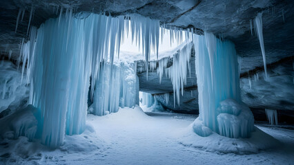 Majestic Ice Cave Interior with Massive Frozen Stalactites