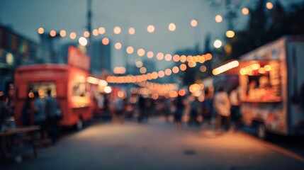 Blurred outdoor night market with colorful string lights and food stands
