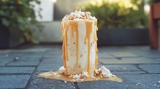 A melted candle shaped milkshake with wax drips on modern outdoor