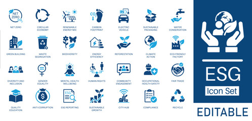 ESG and Sustainability solid icon set. Featuring Net Zero, Circular Economy, Diversity, Carbon Footprint, and Corporate Governance. Flat vector design for eco-friendly and green energy presentations.