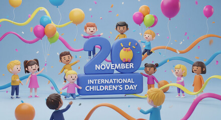 3D cartoon children around big 3D number “20”, representing November 20 International Children’s Day, colorful balloons, ribbons, festive mood, bright soft 3D render, clean background.