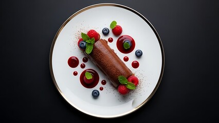 Gourmet chocolate dessert roll served with fresh berries and mint on a plate