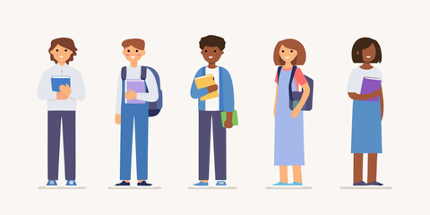 Diverse group of students holding books and wearing backpacks illustration