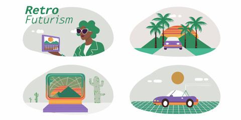 Retro futurism illustration with woman cars palm trees and vintage computer
