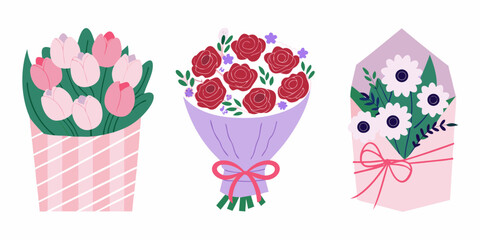 Three floral bouquets with tulips roses and daisies on white