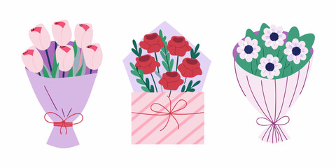 Three floral bouquets of tulips roses and daisies in pastel colors