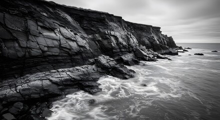 B&W coastal scene; towering cliffs meet churning ocean. Overcast sky with textured terrain