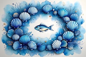 Blue Seashells and Fish Underwater Illustration