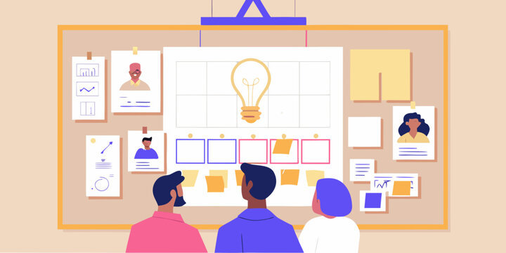 Team brainstorming session with idea generation and project planning on a bulletin board