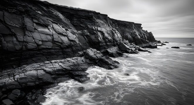 B&W coastal scene; towering cliffs meet churning ocean. Overcast sky with textured terrain