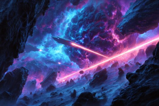 Celestial Symphony: A vibrant space scene unfolds, with glowing celestial bodies, meteors, and cosmic dust. Intense red light cuts through the darkness, casting an ethereal glow over jagged.