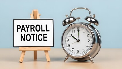 Remember the upcoming payroll deadlines with a vintage clock beside the payroll notice sign in a professional setting for financial efficiency reminders