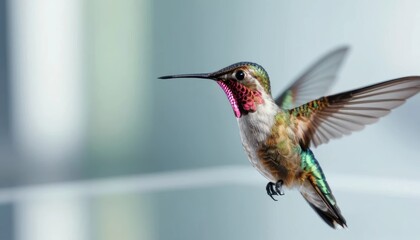 Fototapeta premium Colorful hummingbird hovering near a bright background in natural light Generative AI