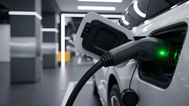 Charging an Electric Vehicle in an Underground Parking Garage with Modern Lighting System
