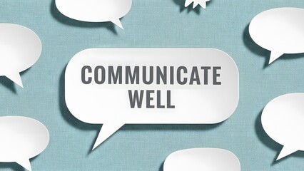 Communicate well message in speech bubbles on a blue textured background to inspire effective teamwork and impactful meetings in a modern and collaborative workspace