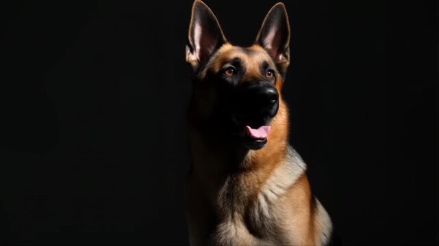 Portrait d'un berger allemand isol&eacute; sur fond noir au format horizontal 16:9 ia g&eacute;n&eacute;ratif