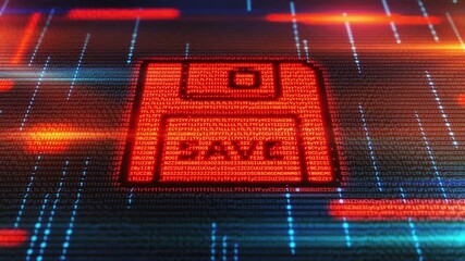 Retro floppy disk icon glowing on digital background with data stream - Powered by Adobe