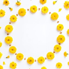 Obraz premium A bright white background showcases vibrant yellow flowers interspersed with an assortment of nuts, creating a cheerful and inviting composition.